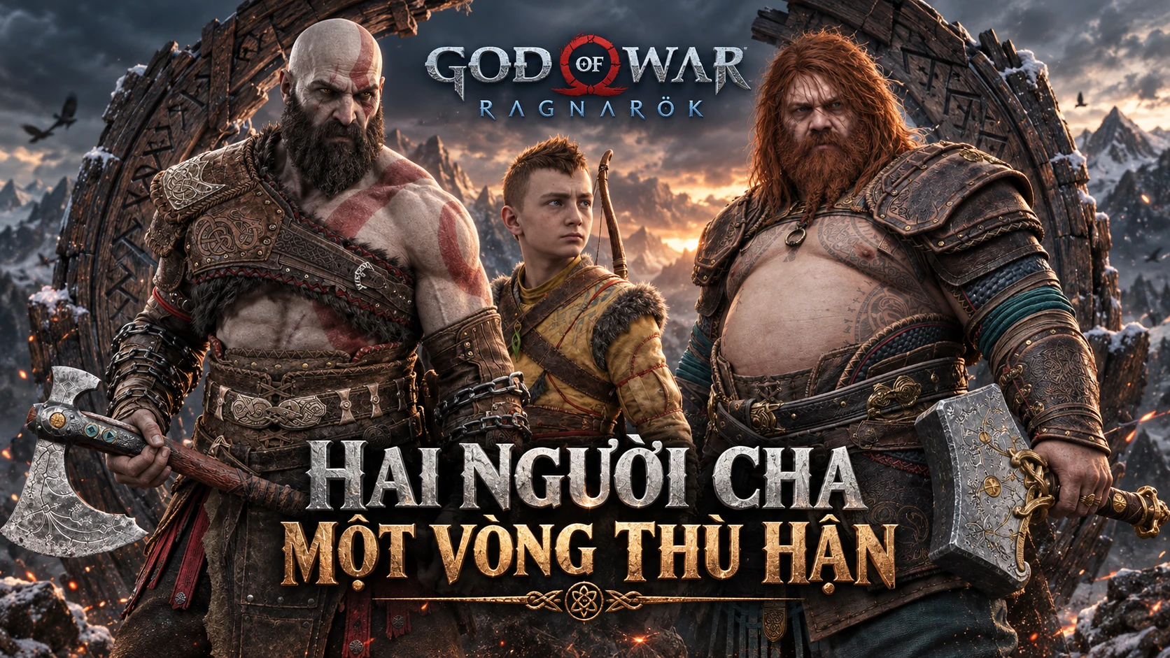 Kratos, Atreus và Thor trước một vòng đá trong bối cảnh tuyết.