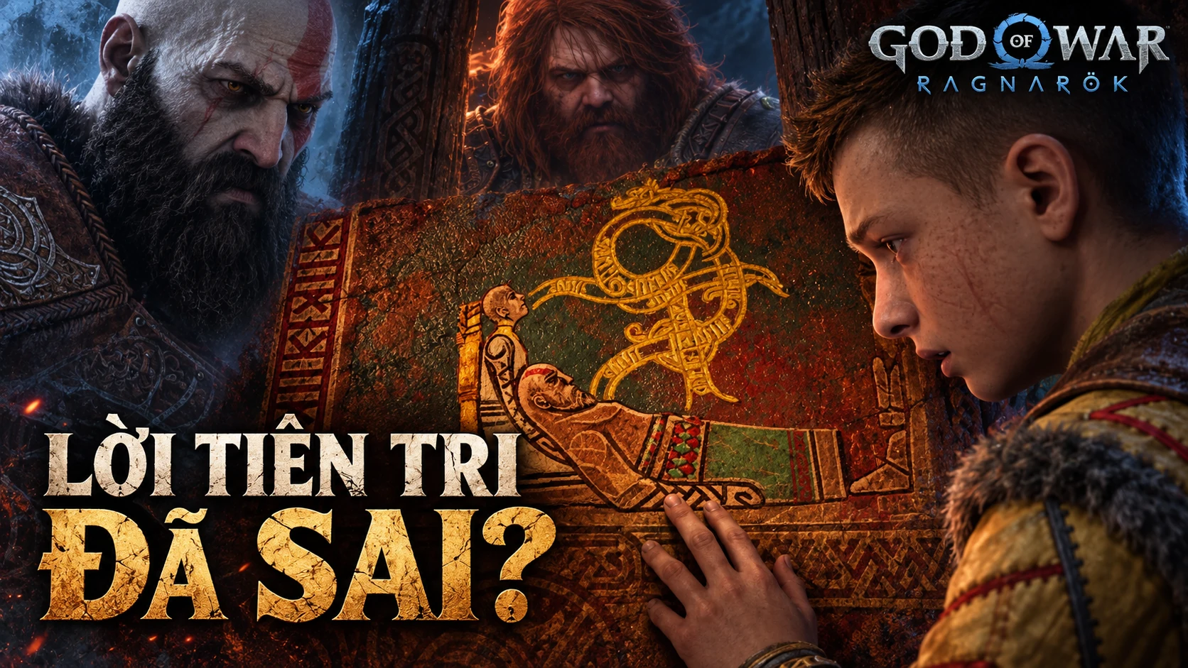 Atreus đưa tay tới bức họa màu vàng; Kratos và Thor ở phía sau.