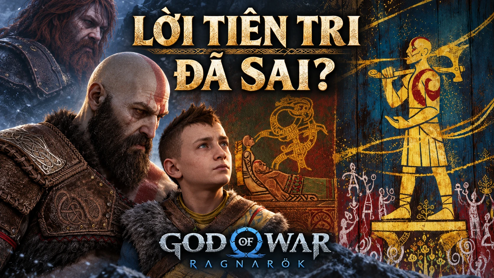 Kratos và Atreus bên các hình vẽ vàng trên hai bức họa.