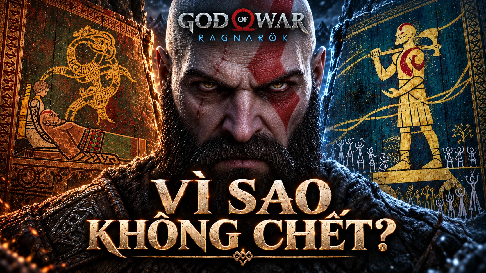 Cận cảnh Kratos giữa hai bức họa, với dòng chữ Vì sao không chết?