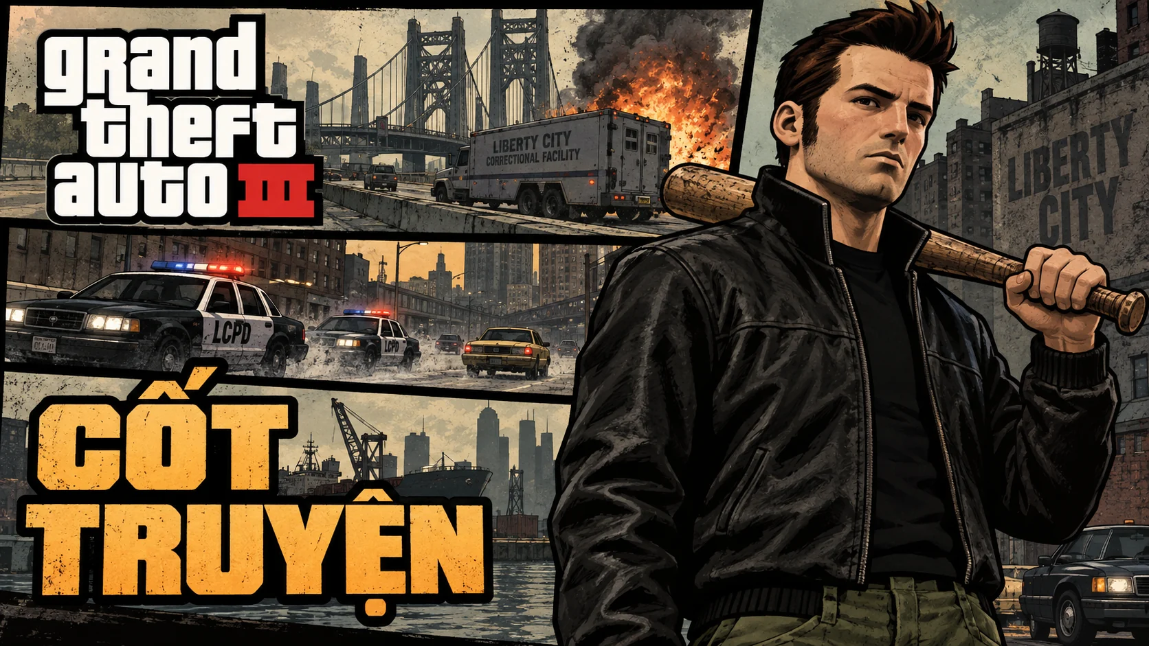 Minh hoạ AI: Claude cầm gậy trước cầu, xe cảnh sát và đường phố Liberty City trong bố cục truyện tranh. Có logo GTA III và chữ Cốt Truyện.