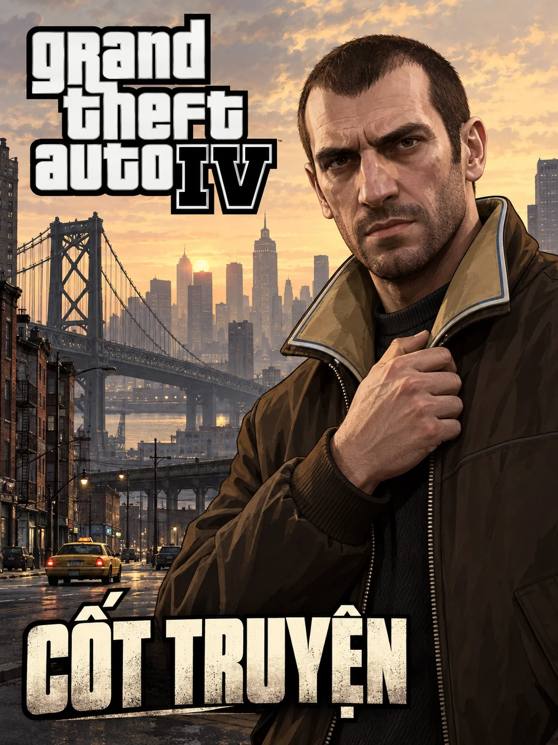 Minh họa AI: Bố cục dọc với Niko trước cây cầu, logo GTA IV và chữ Cốt Truyện.