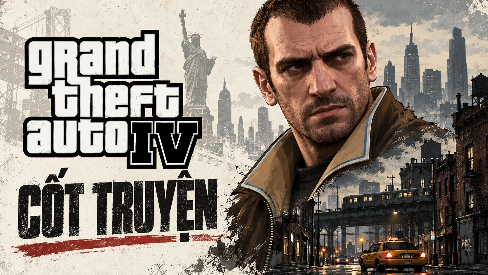 Minh họa AI: Niko cùng đường phố Liberty City trong bố cục màu giấy cũ.