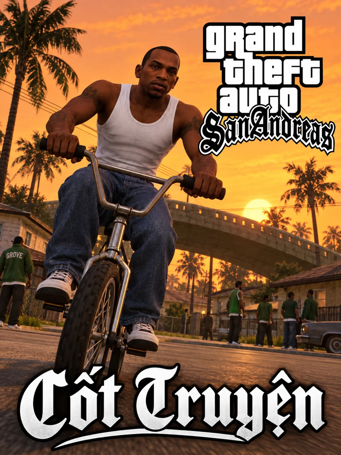 CJ đạp xe qua khu phố dưới hàng cọ và bầu trời vàng. Có logo GTA San Andreas và chữ Cốt Truyện.