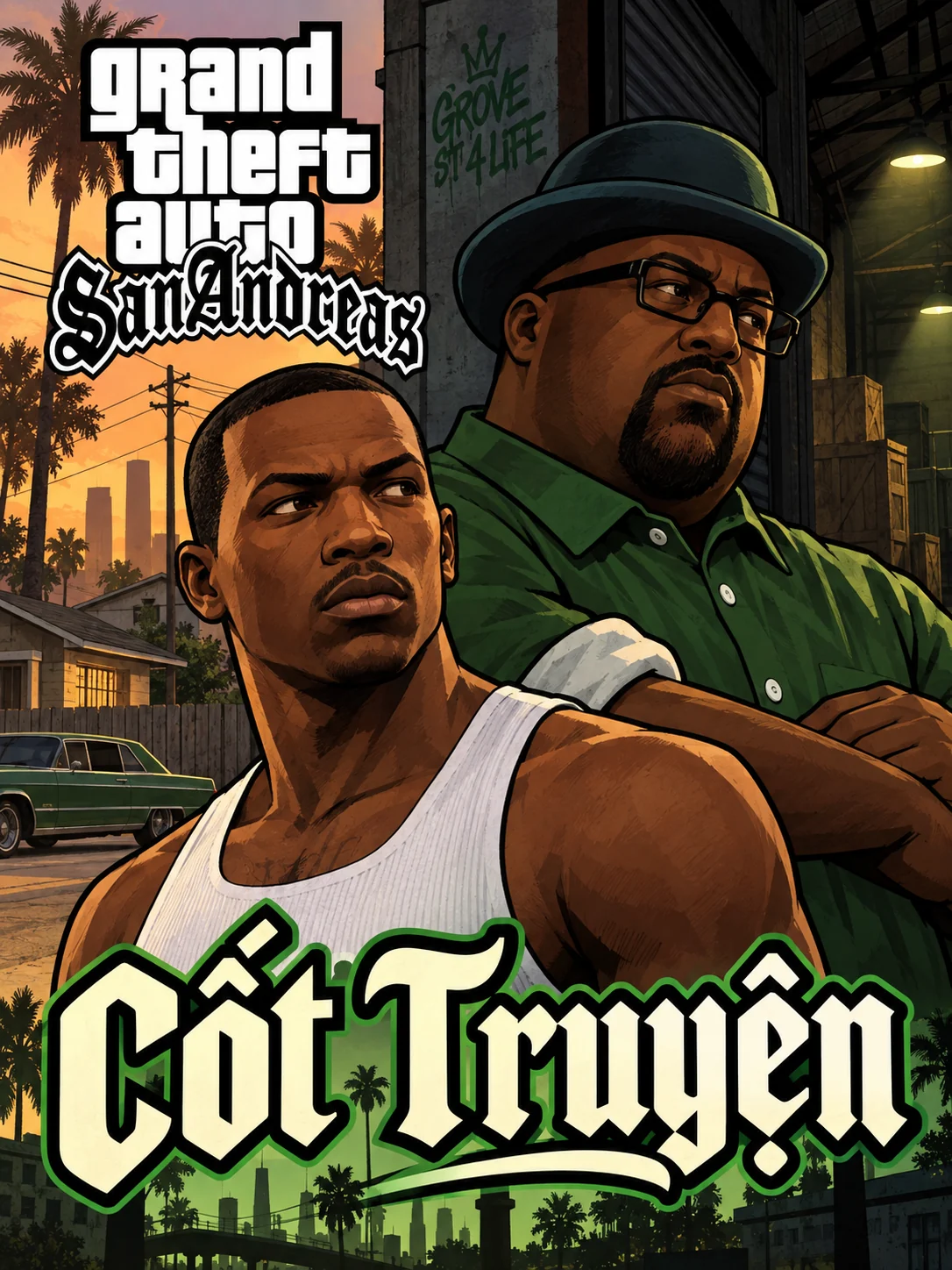 Bố cục dọc với CJ và Big Smoke giữa đường phố và khung cảnh tối. Có logo GTA San Andreas và chữ Cốt Truyện.