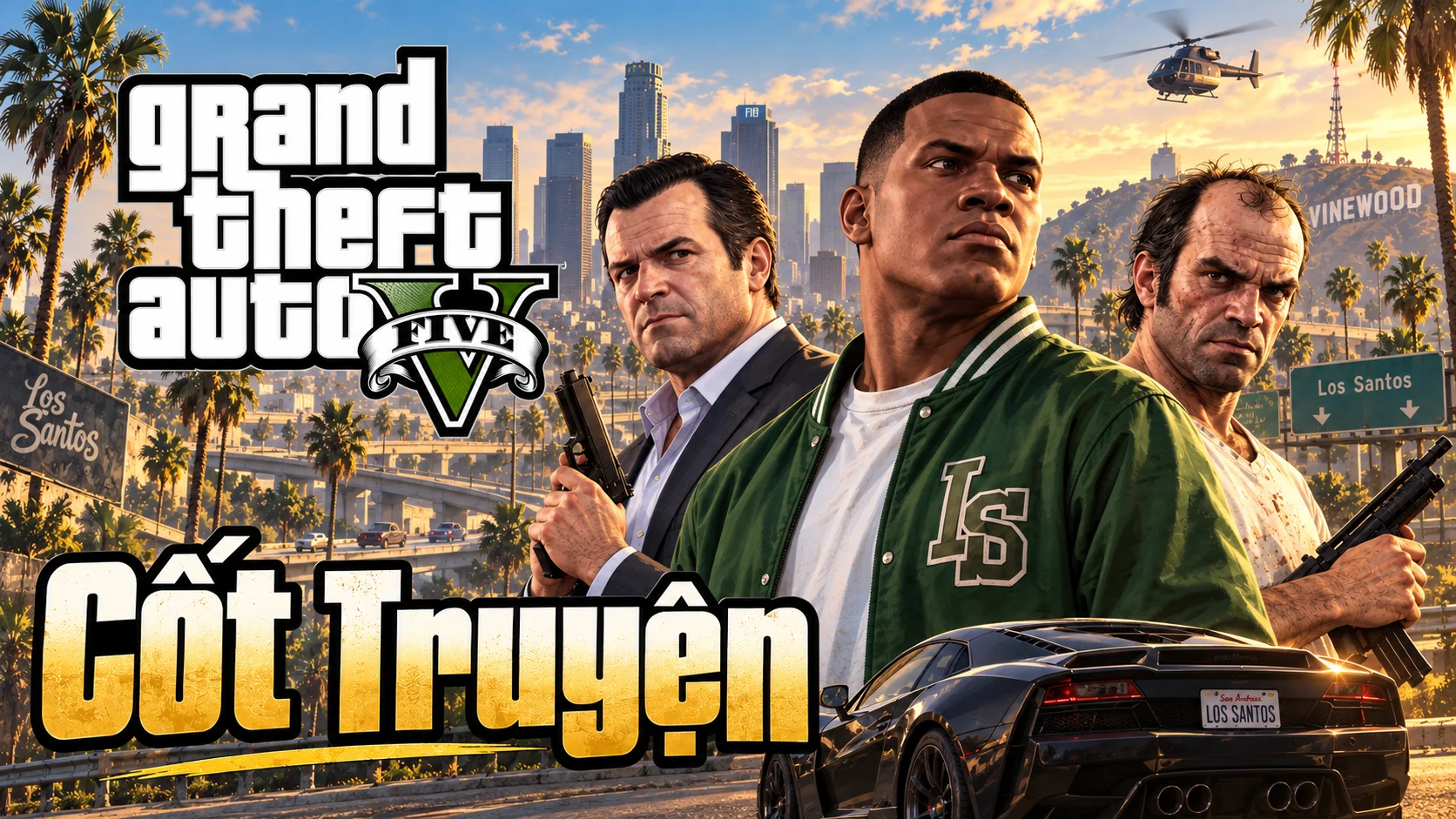 Minh họa AI: Michael De Santa, Franklin Clinton và Trevor Philips trước thành phố Los Santos, cùng logo GTA V và chữ Cốt Truyện.
