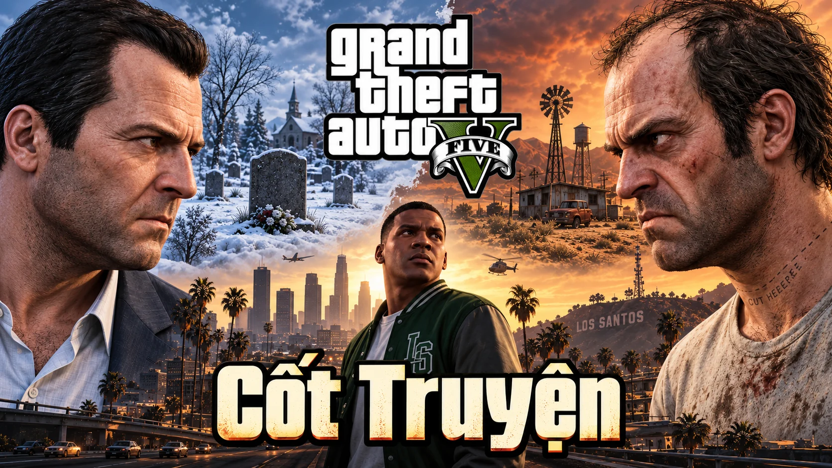 Minh họa AI: Michael và Trevor đối diện nhau, Franklin ở giữa, với North Yankton phủ tuyết, Sandy Shores và Los Santos được đặt cạnh nhau.