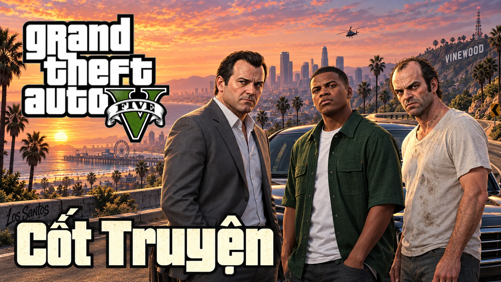 Minh họa AI: Michael, Franklin và Trevor đứng cạnh nhau trước Los Santos trong ánh hoàng hôn.