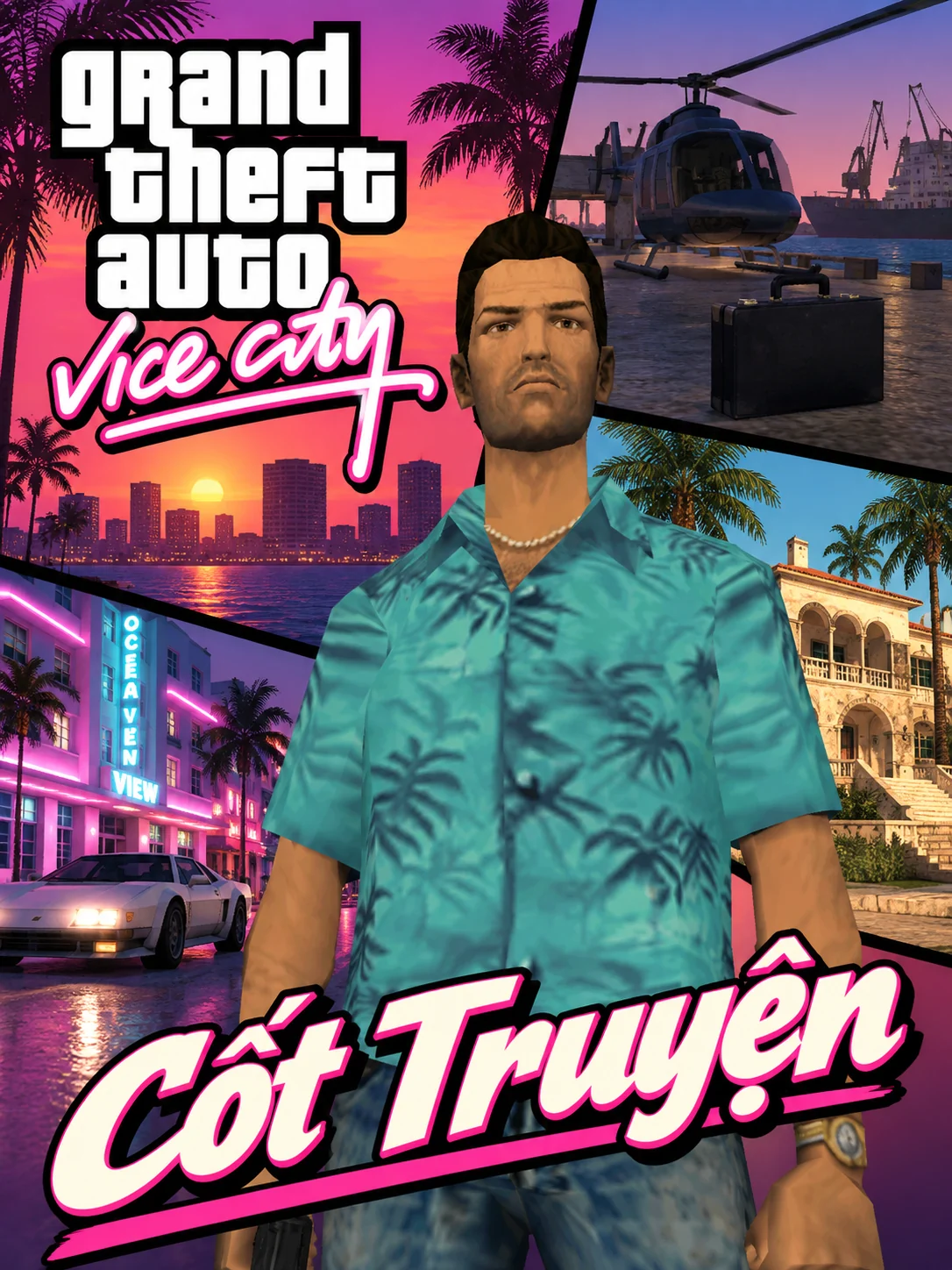 Bố cục dọc với Tommy, bến cảng, phố neon và biệt thự. Có logo GTA Vice City và chữ Cốt Truyện.