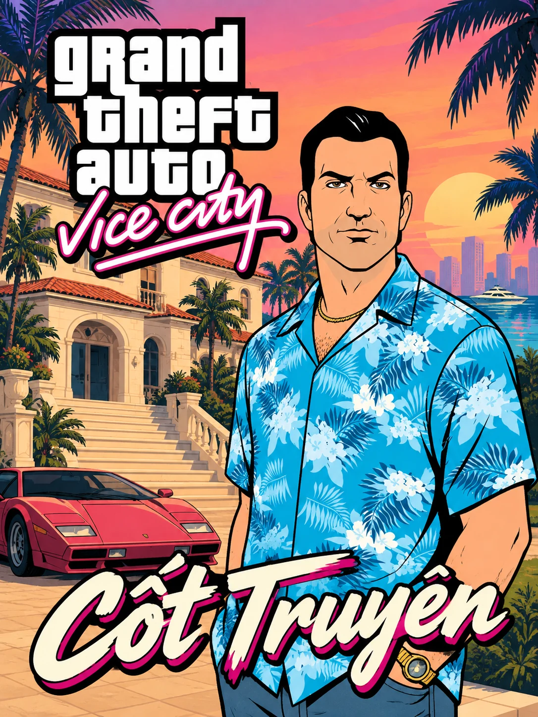 Tranh Tommy bên xe đỏ và một biệt thự giữa hàng cọ. Có logo GTA Vice City và chữ Cốt Truyện.