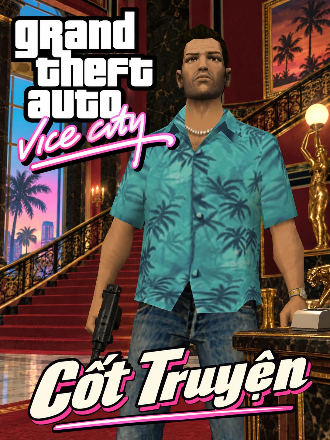 Tommy đứng giữa đại sảnh với cầu thang, đèn vàng và thảm đỏ. Có logo GTA Vice City và chữ Cốt Truyện.