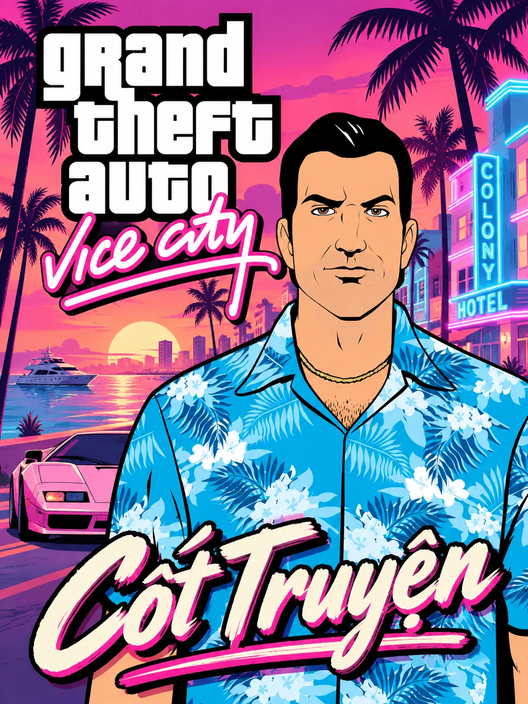 Chân dung Tommy phong cách truyện tranh trước phố neon và xe hơi. Có logo GTA Vice City và chữ Cốt Truyện.