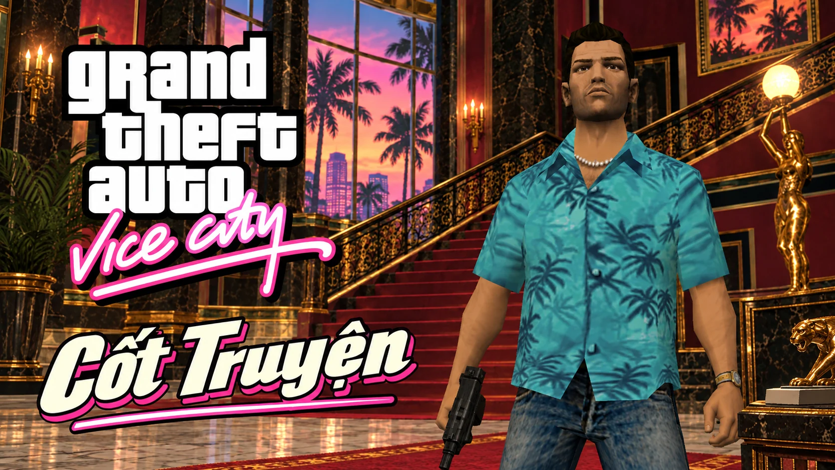 Bố cục ngang với Tommy giữa nội thất biệt thự và cầu thang đỏ. Có logo GTA Vice City và chữ Cốt Truyện.