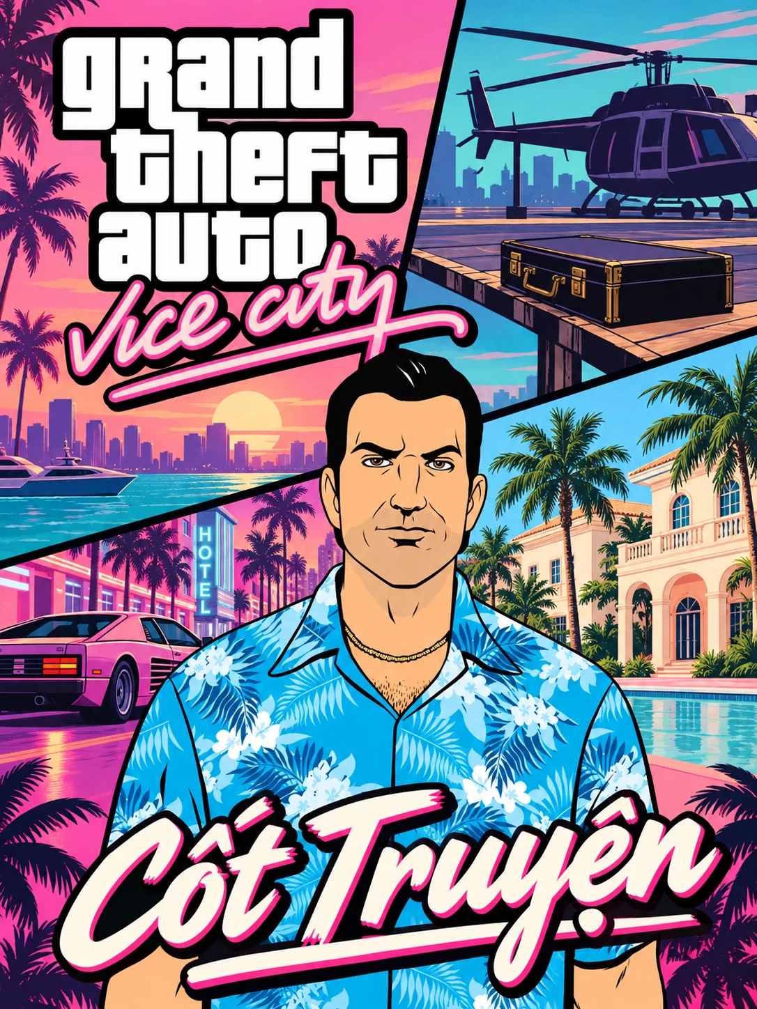 Tranh ghép Tommy, trực thăng, bến cảng và biệt thự dưới trời hồng. Có logo GTA Vice City và chữ Cốt Truyện.