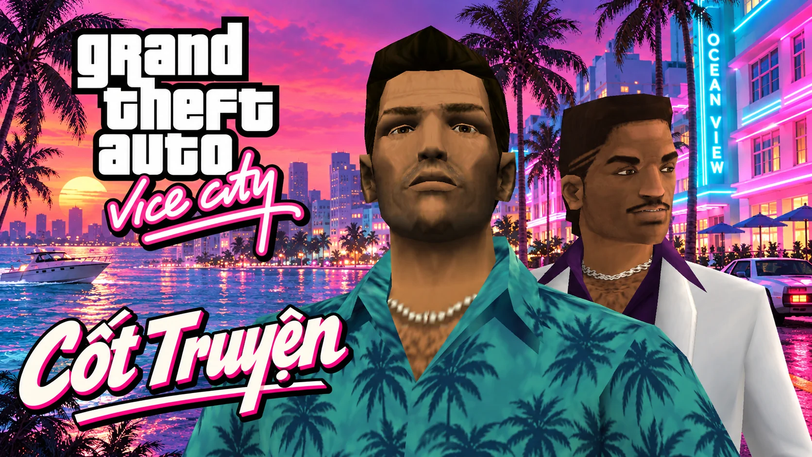 Bố cục ngang: Tommy và Lance đứng trước thành phố rực ánh neon. Có logo GTA Vice City và chữ Cốt Truyện.