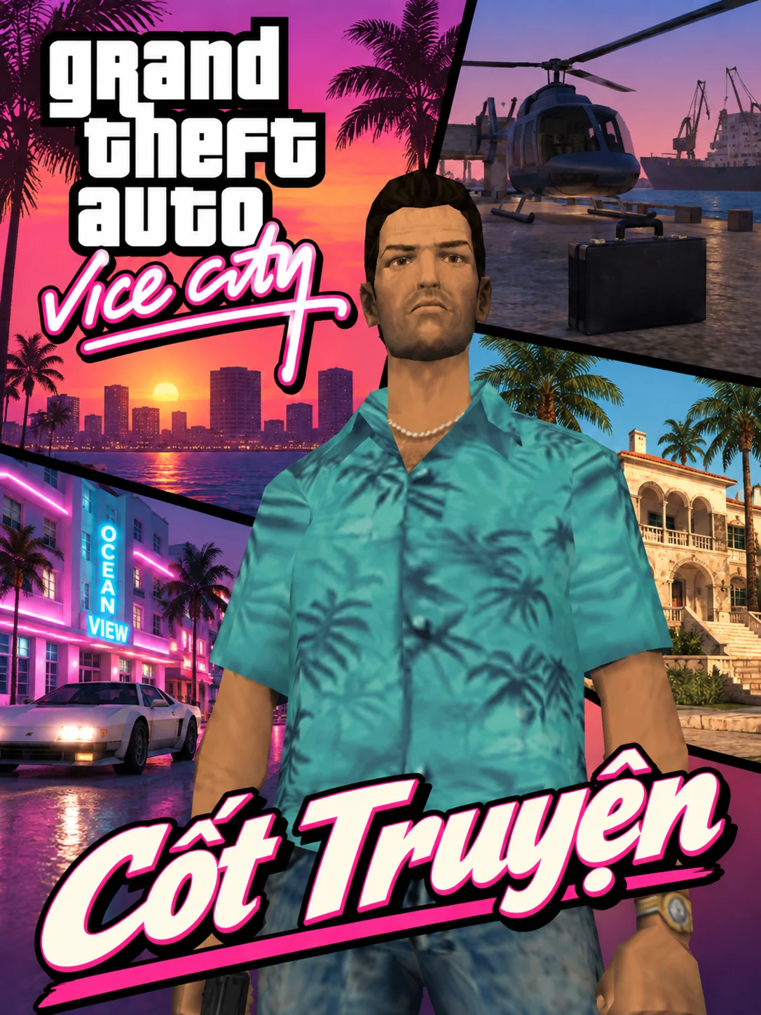 Tommy trong bố cục dọc ghép bến cảng, xe hơi và biệt thự. Có logo GTA Vice City và chữ Cốt Truyện.