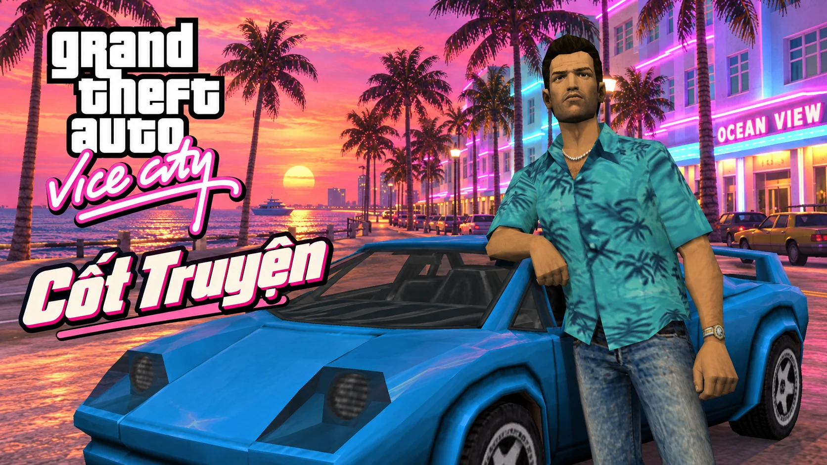 Bố cục ngang: Tommy tựa bên xe xanh, Ocean View và hoàng hôn phía sau. Có logo GTA Vice City và chữ Cốt Truyện.