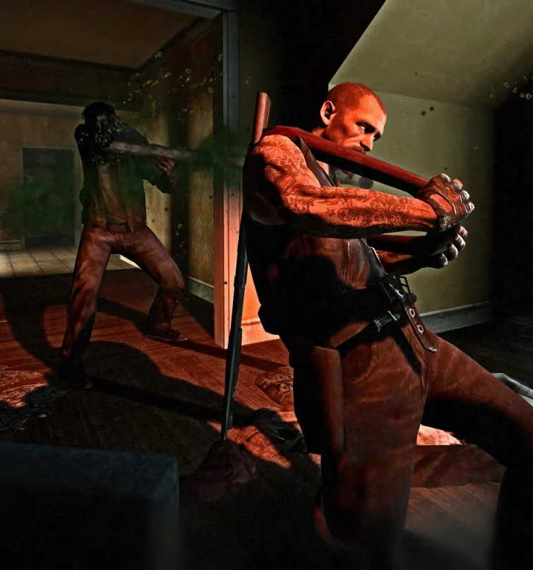 Smoker at the back left pulls Francis with its tongue in Left 4 Dead
