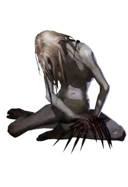 Witch sits with her head lowered, long hair and sharp claws