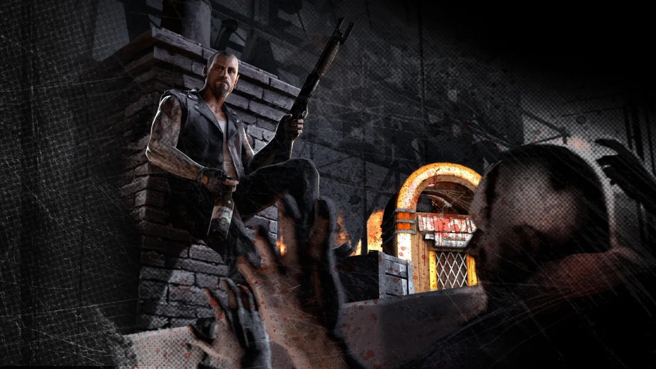 Francis holds a gun and faces Infected beside a jukebox in the illustration.