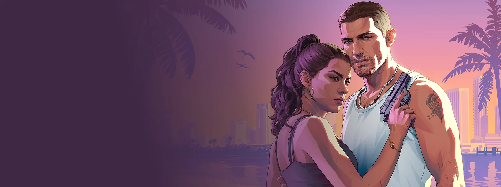 Jason và Lucia trong tranh quảng bá Grand Theft Auto VI, với nền trời Vice City lúc hoàng hôn.