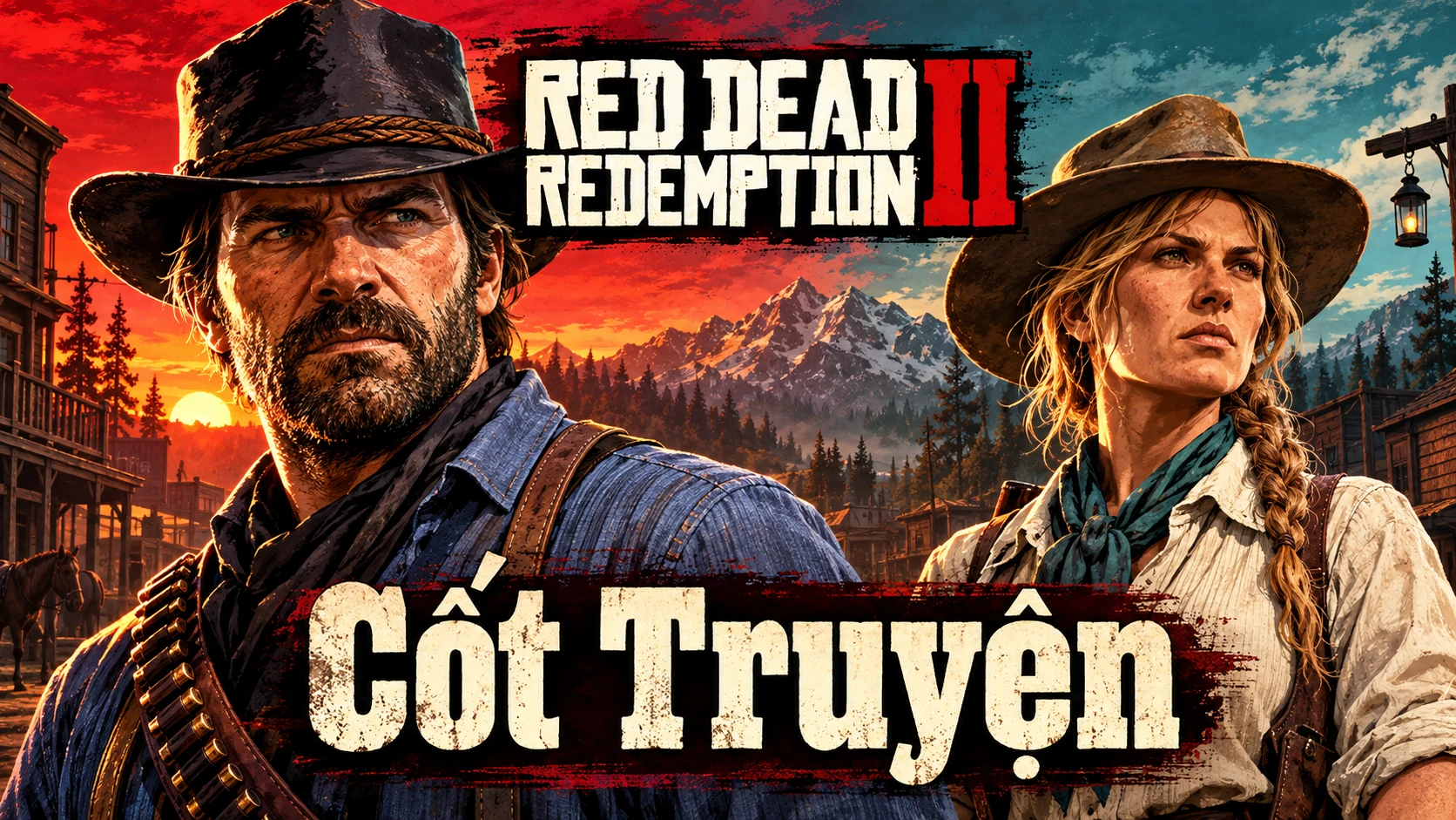 Minh hoạ AI: Arthur và Sadie trong bố cục ngang, phố miền Tây và núi xa dưới trời đỏ xanh. Có logo Red Dead Redemption II và chữ Cốt Truyện.