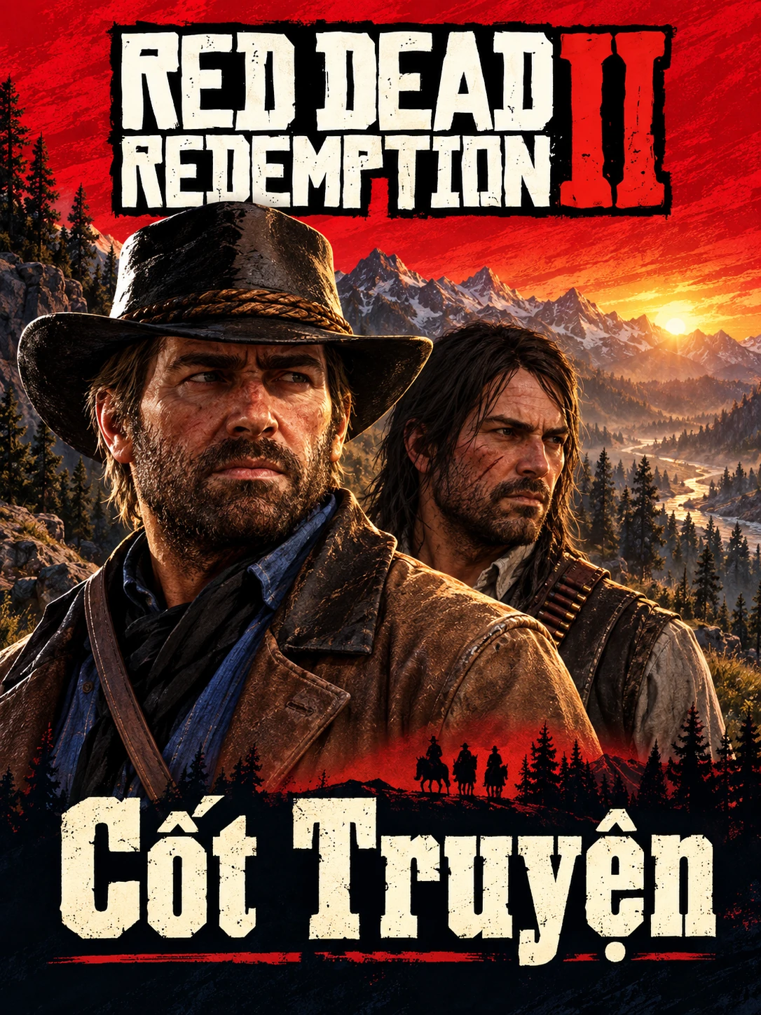 Minh hoạ AI: Arthur và John trước núi và cảnh người cưỡi ngựa trong bố cục dọc. Có logo Red Dead Redemption II và chữ Cốt Truyện.