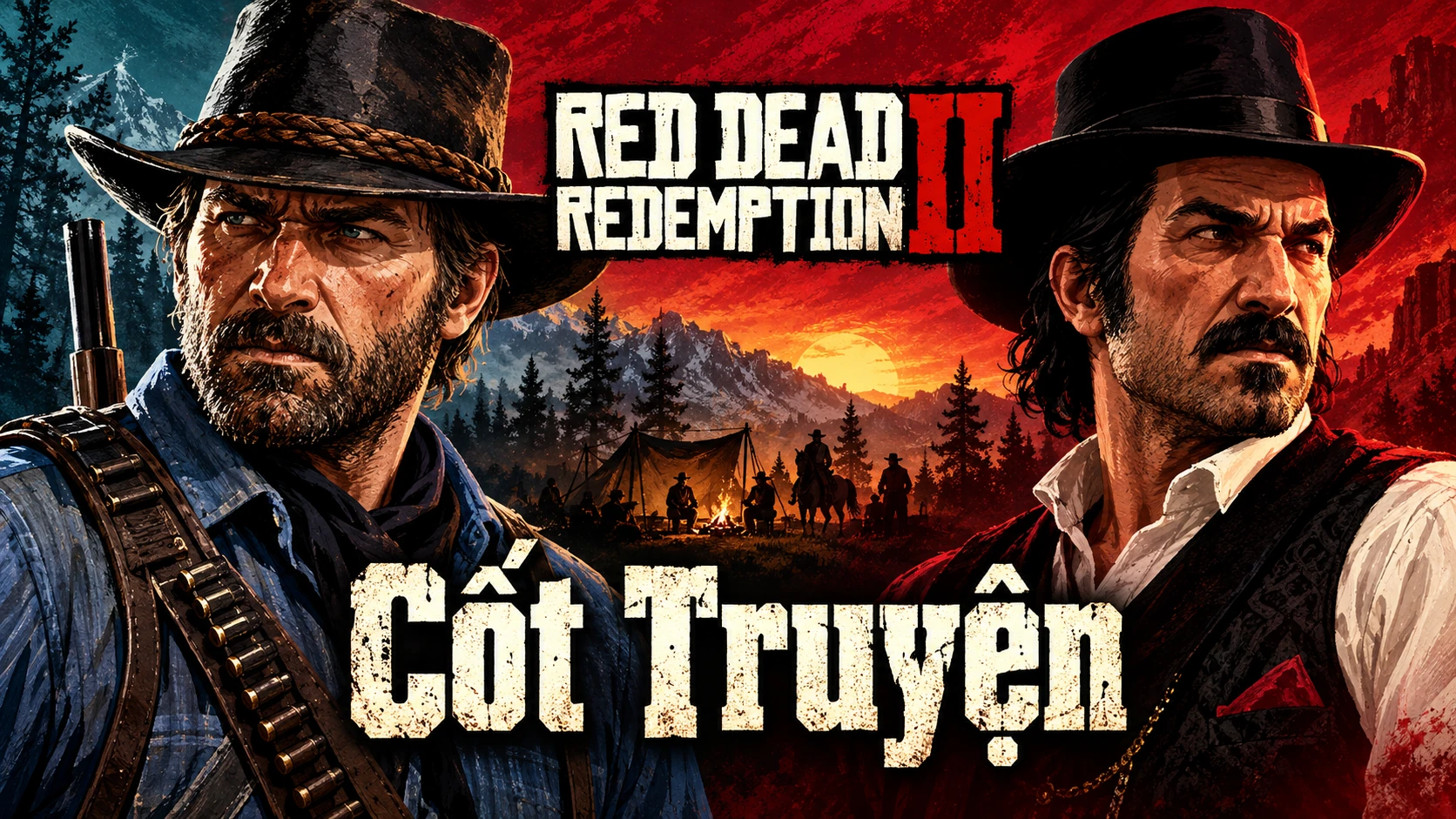 Minh hoạ AI: Arthur và Dutch đối diện hai phía khung hình, núi và trại ở giữa trong bố cục ngang. Có logo Red Dead Redemption II và chữ Cốt Truyện.