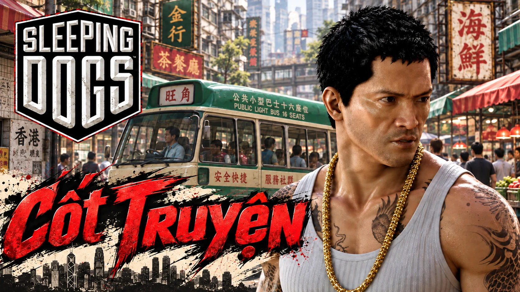 Minh hoạ AI: Wei Shen trước con phố đông biển hiệu với xe minibus xanh và đỏ. Có logo Sleeping Dogs và chữ Cốt Truyện.