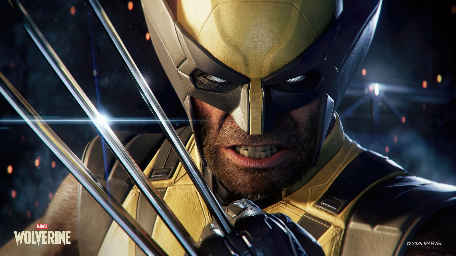 Logan in his yellow suit, holding his adamantium claws beside his face.