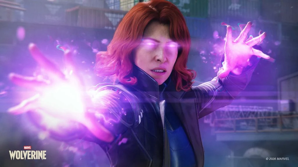 Jean Grey raises her hands as purple light glows from her palms and eyes.