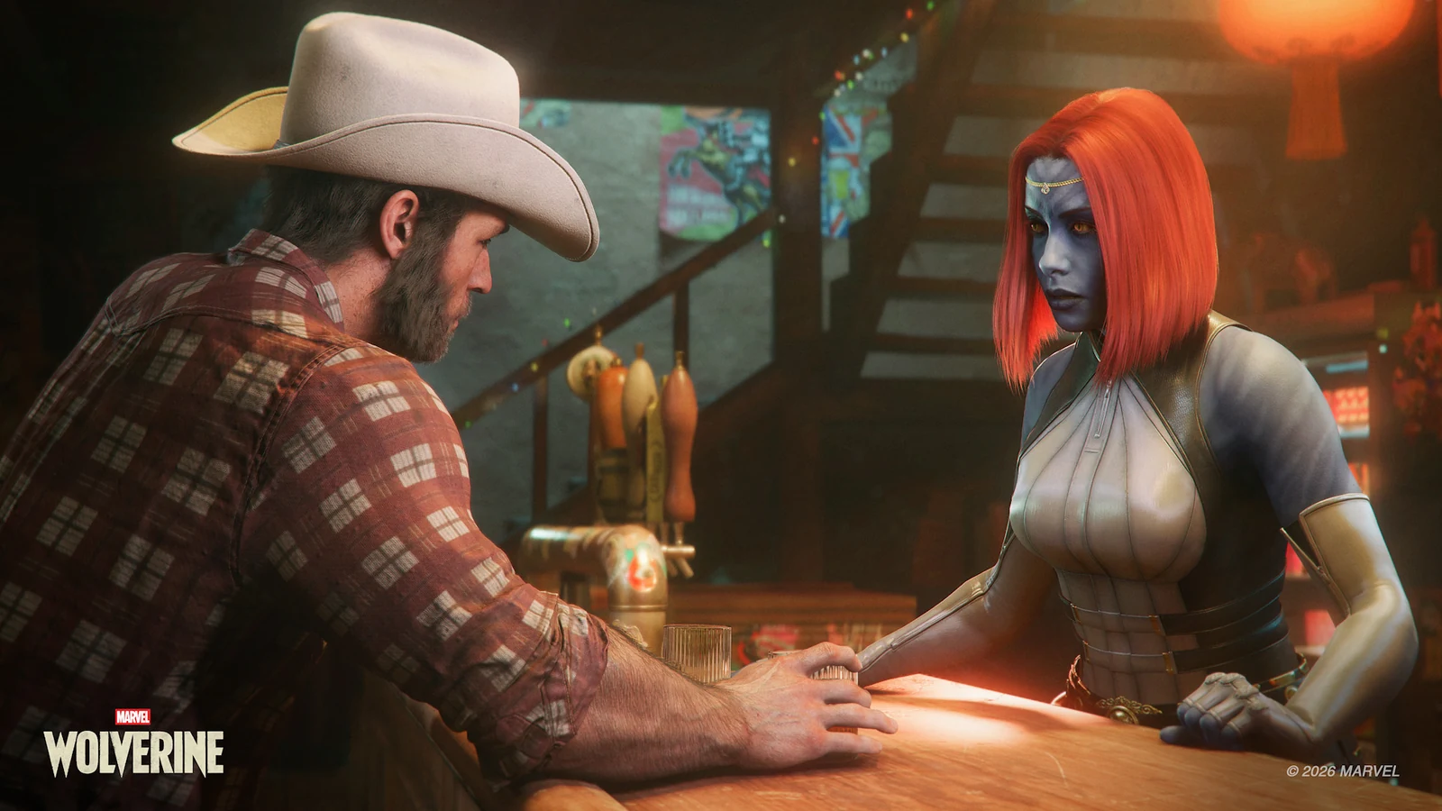 Logan, wearing a cowboy hat, talks with blue-skinned, red-haired Mystique at a bar counter.